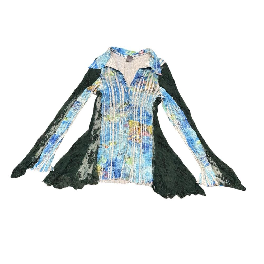 Vintage Y2K Cache Blouse M Floral Lace Bell Sleeve Whimsigoth Pleated Fairy - Picture 4 of 10